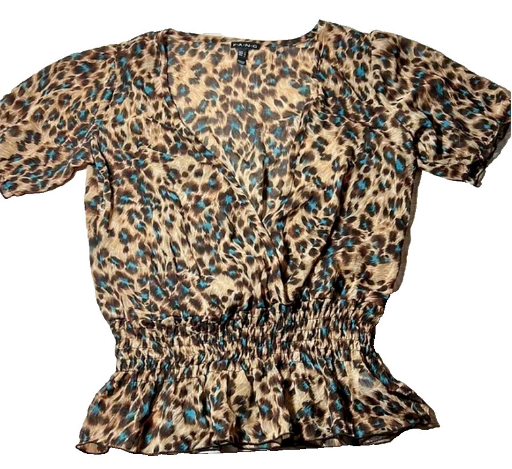 Browns FANG Sheer Blue and Tan Cheetah Blouse L